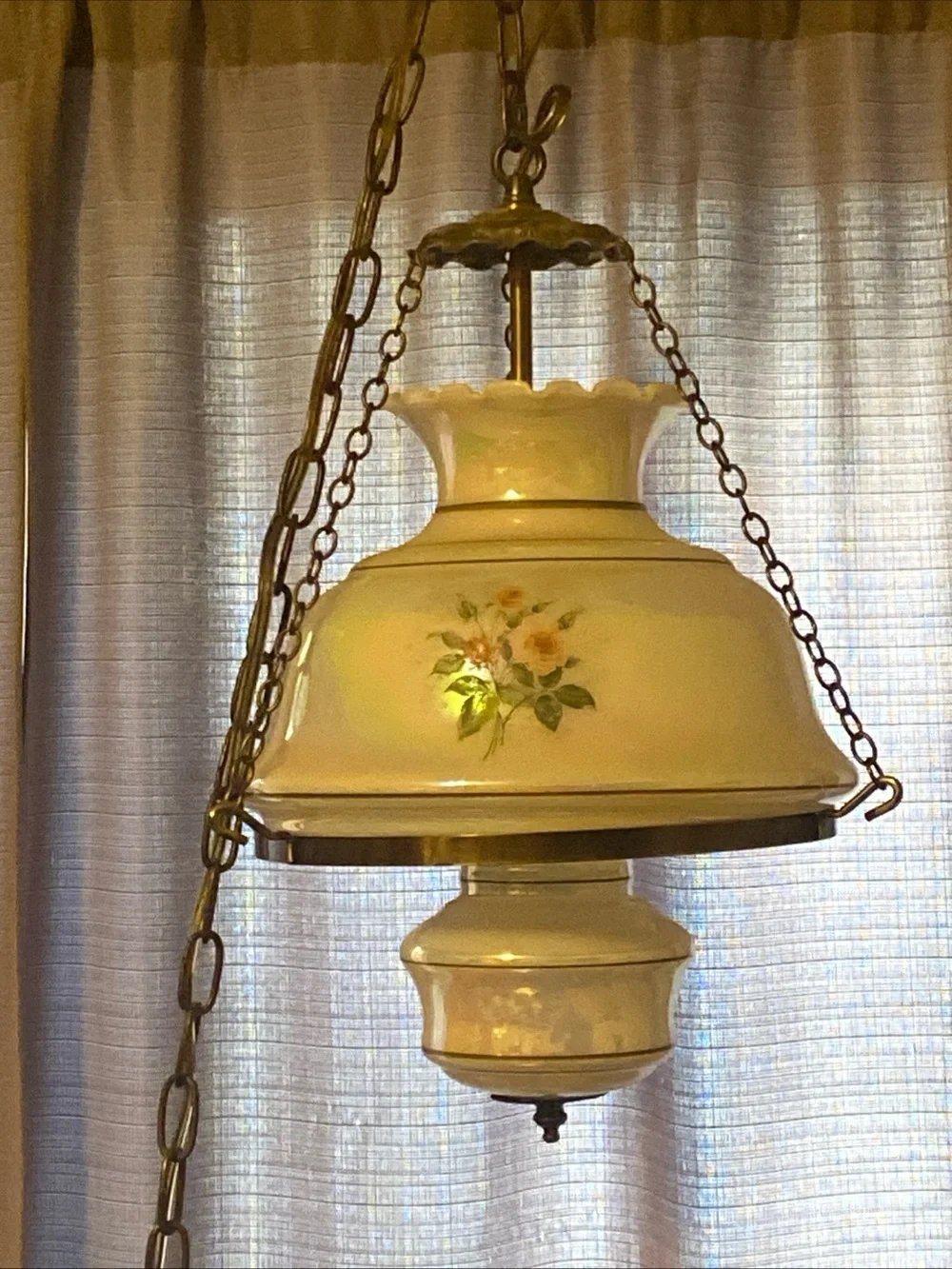 Vtg 70’s GWTW Swag Lamp White Luster Milk Glass Hand Painted Floral Working